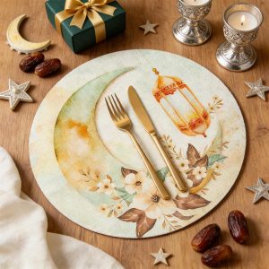 أربع قطع من مفارش المائدة الرمضانية المباركة، مفرش دائري للعيد بألوان مائية مع نقوش القمر والفانوس، مفارش مانعة للانزلاق ومقاومة للحرارة لطاولة الإفطار في حفلات المطبخ وتزيين المنزل | متجر واو الأفضل ترينديول السعودية