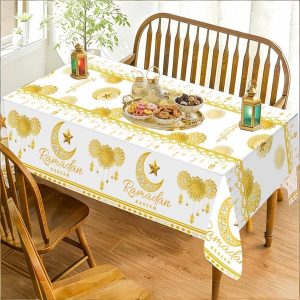 Ramadan Kareem Tablecloth,شمفرش طاولة رمضان كريم، غطاء طاولة أبيض اللون بنقشة هلال ونجمة ذهبية، مفرش طاولة مستطيل للاستخدام مرة واحدة، مثالي لتزيين حفلات رمضان المباركة وتوزيع الهدايا، مقاس 51 × 86 بوصة | متجر واو الأفضل ترينديول السعودية White Bottom Gold Moon Star Table Cover, Disposable Rectangle Table Cloth for Muslim Happiness Ramadan Decoration and Party Favors Supplies, 51 x 86 Inch