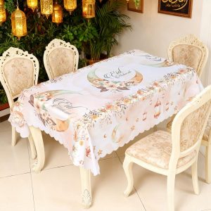 مفرش طاولة رمضان مبارك، غطاء طاولة عيد مبارك بألوان مائية وحواف مموجة، مفرش طاولة بلاستيكي مستطيل الشكل مزين بزهرة القمر للاستخدام مرة واحدة، مناسب لتزيين رمضان وتوزيعات الحفلات...| متجر واو الأفضل ترينديول السعودية